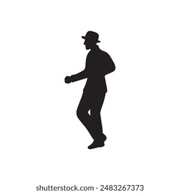 Bailarín de hombre solo bailando en el piso y aprendiendo bailes latinos de salón - salsa, rumba, samba en negro aislado sobre fondo blanco. Ilustración de silueta de Vector dibujado a mano. Hombre en traje y sombrero