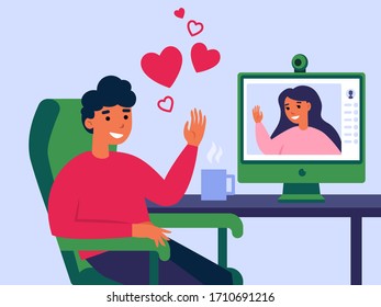 Einzelner findet Liebe in Internet-Wohnung Vektorillustration Illustration. Junge Leute mit Computer chatten mit virtueller Freundin und senden Nachricht. Konzept von Online-Dating und sozialen Netzwerken