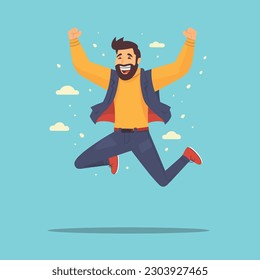 hombre soltero saltando de emoción usando chaqueta y suéter