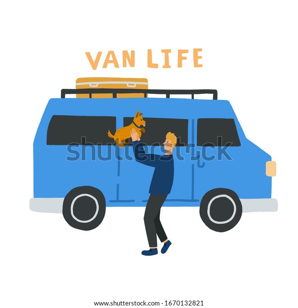 Single man living in a van with a dog. Hand\
drawn vector illustration for poster, banner, flyer, advertising.\
Van life, freedom lifestyle concept.\
