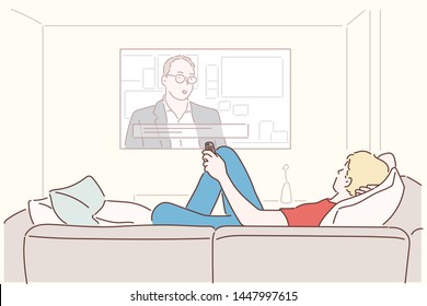 Single man on the couch watching tv, changing channels. Hand drawn style vector design illustrations.