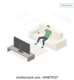 Single man on the couch watching TV, changing channels. Isometric view. Vector illustration.