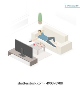 Single Man With Pizza And Soda On The Couch Watching TV, Changing Channels. Isometric View. Vector Illustration.