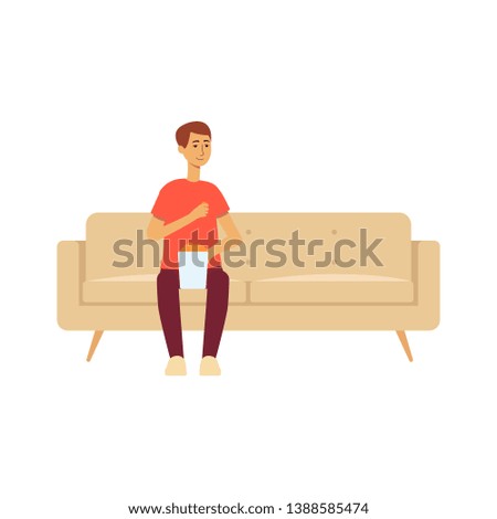 Single man sitting on couch with popcorn cartoon style, vector illustration isolated on white background. Male sitting alone on home sofa snacking and watching movie or tv