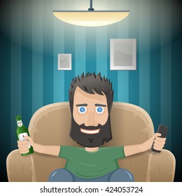 Single man watch TV in sofa with beer. Vector Illustration.
