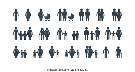 Hombre y mujer soltero, pareja, familia con hijos, persona adulta y abuelos con íconos de nietos. Ilustración vectorial de silueta de personas blancas y negras aisladas en fondo blanco