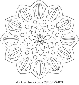 Single Mandala Black and White - Flower Nature, Foliage, Leaves, Energy Wheel Circle Complex Symbol Abstract Decoration Coloring Page