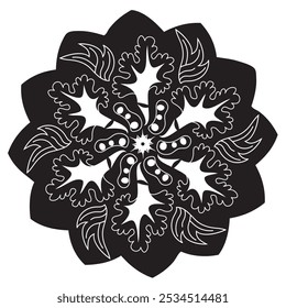 Mandala individual - Naturaleza de flores, follaje, hojas, círculo de la rueda de energía Símbolo complejo Decoración Abstractas Blanco y Negro