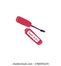 Single Mascara image. Cosmetics doodle sign. Products for makeup and beauty. Sketch flat hand drawn vector illustration