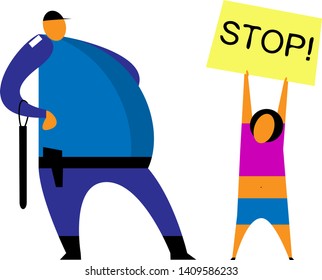 Single meeting, protest, demand, poster. Police are watching the protesters. Stylized illustration. Vector