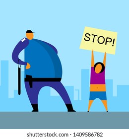 Single meeting, protest, demand, poster. Police are watching the protesters. Stylized illustration. Vector