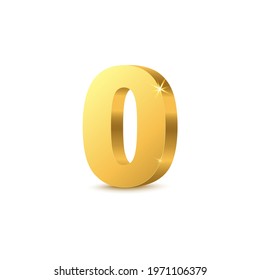 Single Metallic Golden Zero Number Or Digit Mockup, Realistic Vector Illustration Isolated On White Background. Gold Typography Font Figure 0 Symbol.