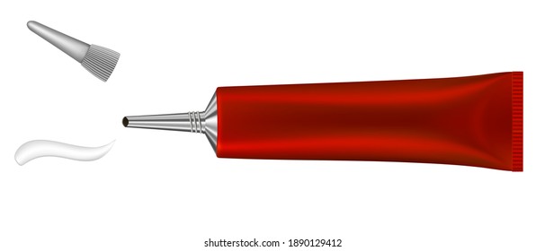 Single metallic red tube with long nozzle. Cream splash. Serum or ointment. Gel. Vector illustration isolated on a white background. 3d illustration