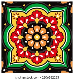 Single Mexican talavera style tile vectro design, vibrant seamless pattern with flowers. Cool retro decor perfect for wallpaper, textile or fabric print, traditional home decor


