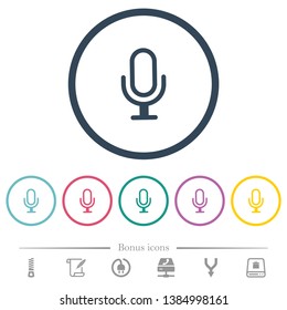 Single microphone flat color icons in round outlines. 6 bonus icons included.