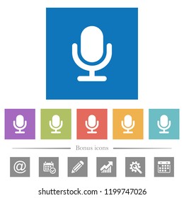 Single microphone flat white icons in square backgrounds. 6 bonus icons included.