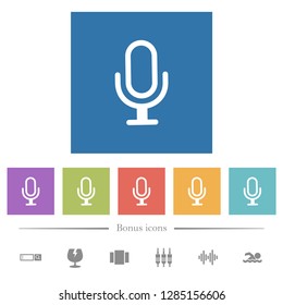 Single microphone flat white icons in square backgrounds. 6 bonus icons included.