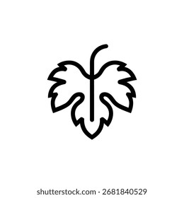 Um único gráfico minimalista apresenta um design de arte em linha preta de uma folha de uva estilizada, posicionada centralmente sobre um fundo branco limpo para uma estética moderna e simples.