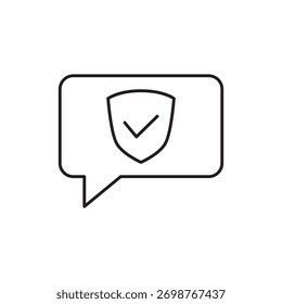 Ícone de contorno minimalista único que representa um escudo de segurança dentro de um balão de fala.