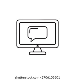 Icono de contorno minimalista único que representa el chat o la mensajería en un monitor de computadora.

