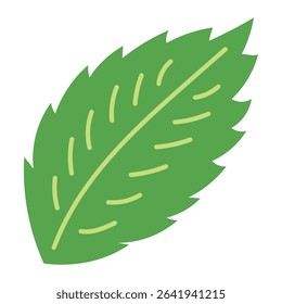 Single mint leaf hand drawn illustration, isolated vector. Flat style design. Summer clip art, seasonal element, print. Cocktail garnish, beach bar, pool party. Aromatic herb, cooking, baking