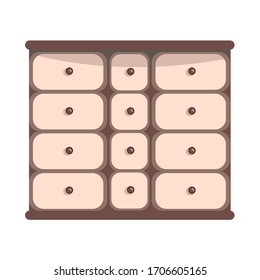 Una cómoda única y moderna con un gran número de cajones aislados sobre un fondo blanco. Ilustración de estilo plano. Mobiliario vectorial de época.