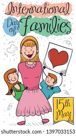 Single mom is happy celebrating with her children the International Day of Families in May 15, with a festive and cute background with doodles.