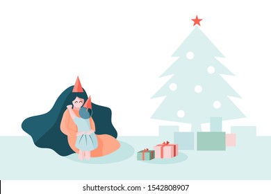Single mom hugging Daughter on Christmas (xmas) eve in the house with Christmas tree and presents. Cartoon flat vector illustration.