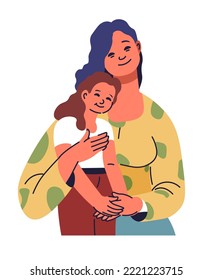 Single mom, isolated mother and daughter cuddling and smiling. Happy family, close relationships between mommy and kid. Small child by mum, care and bonding time. Vector in flat style illustration