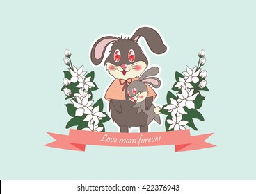 single mom and son rabbit cartoon vector