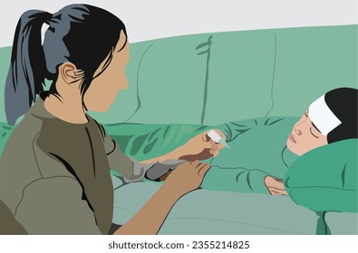 Single mom taking care of sick daughter at home. Sick child lying on bed under blanket, worried 