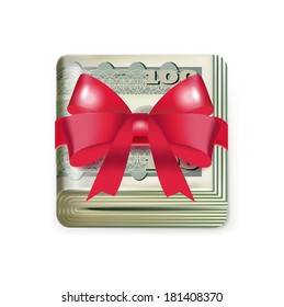 single money stack folded with red bow isolated on white