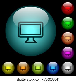 Single monitor icons in color illuminated spherical glass buttons on black background. Can be used to black or dark templates