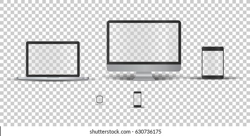 Monitor único, laptop, tablet tátil, telefone e relógio eletrônico sem tela em fundo transparente. Estrutura do modelo. Insira sua foto. Ilustração vetorial.