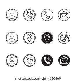A single monochrome icon set featuring contact and communication symbols. The icons are designed in a clean, minimalistic black and white style, suitable for various applications.
