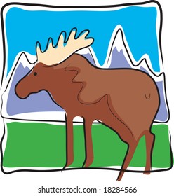 A single moose standing in a mountainous landscape