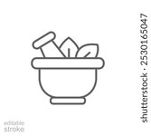 Single mortar pestle line icon, simple natural treatment flat design pictogram, infographic elements. Outline style. Editable stroke