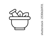 Single mortar pestle line icon, simple natural treatment flat design pictogram, infographic elements. Outline style.