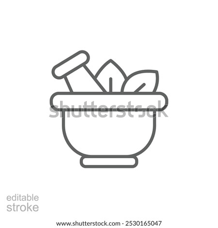 Single mortar pestle line icon, simple natural treatment flat design pictogram, infographic elements. Outline style. Editable stroke