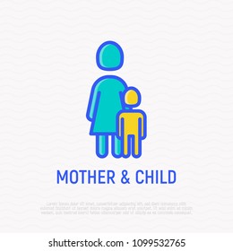 Single mother and child thin line icon. Modern vector illustration.