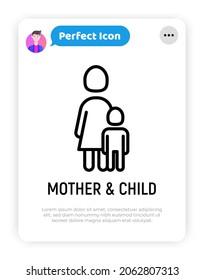 Single mother and child thin line icon. Modern vector illustration.