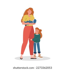 Single Mother with children happy together. The concept of support, protection of young single mothers. Woman holds son. Motherhood concept. Friendship, love and care in family. Vector illustration