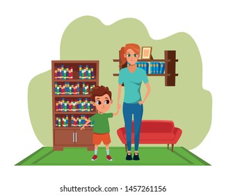 Single mother with children son cartoon inside home living room with sofa and library scenery ,vector illustration graphic design.