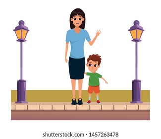 Single mother with children son cartoon on the street urban scenery ,vector illustration graphic design.