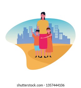 Single mother with daughter and son
