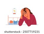 Single mother experiences postpartum depression and suffers from lack of energy to raise son. Problem of postpartum depression in sad young girl sitting near crib with sleeping baby