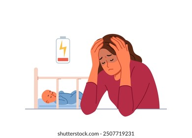 Single mother experiences postpartum depression and suffers from lack of energy to raise son. Problem of postpartum depression in sad young girl sitting near crib with sleeping baby