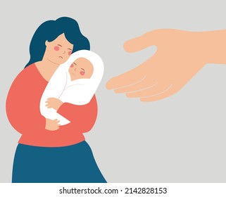 Single mother gets a helping hand from her friends. Women's community supports a single mom with her newborn baby. Family support, social help for safe motherhood, domestic violence Concept. Vector