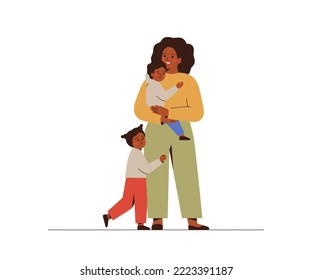 Single Mother and her children happy together. African American Woman holds with her son and daughter stand and hugging. motherhood concept. Friendship, love and care in family. Vector illustration