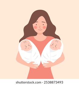 Madre soltera con gemelos. Mamá con recién nacidos en brazos. Maternidad.